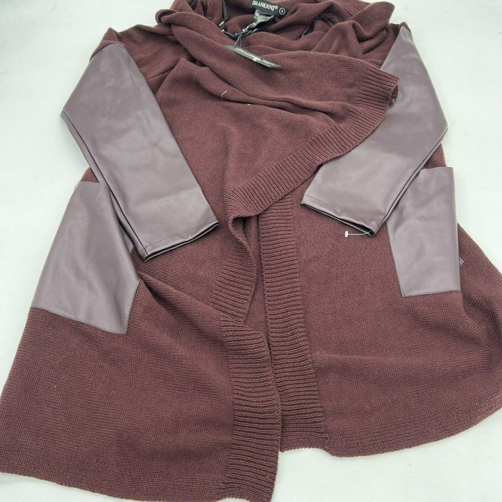 BlankNYC Womens Cardigan Sweater Knit Faux Leather Draped Asymmetric Burgundy S